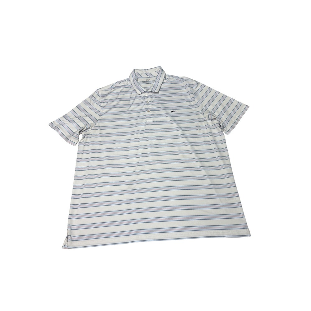 Vineyard Vines Mens XXL Performance Striped Polo Shirt White Blue Pink Short Slv